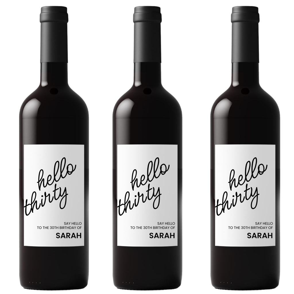Hello Thirty Personalized 30th Birthday Wine Bottle Labels | Custom Name Bottle Decor | Glossy Finish|4pcs