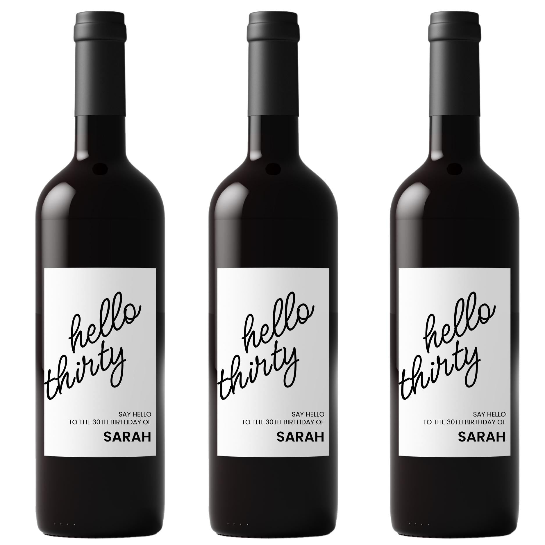 Hello Thirty Personalized 30th Birthday Wine Bottle Labels | Custom Name Bottle Decor | Glossy Finish|4pcs