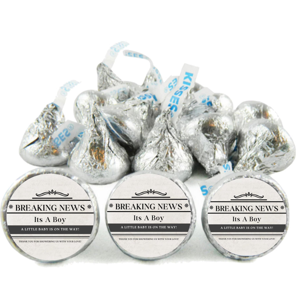It's A Boy Newspaper Baby Shower Candy Stickers | Breaking News Labels | 100 Glossy Candy Kiss Sticker |Candy Table Accents