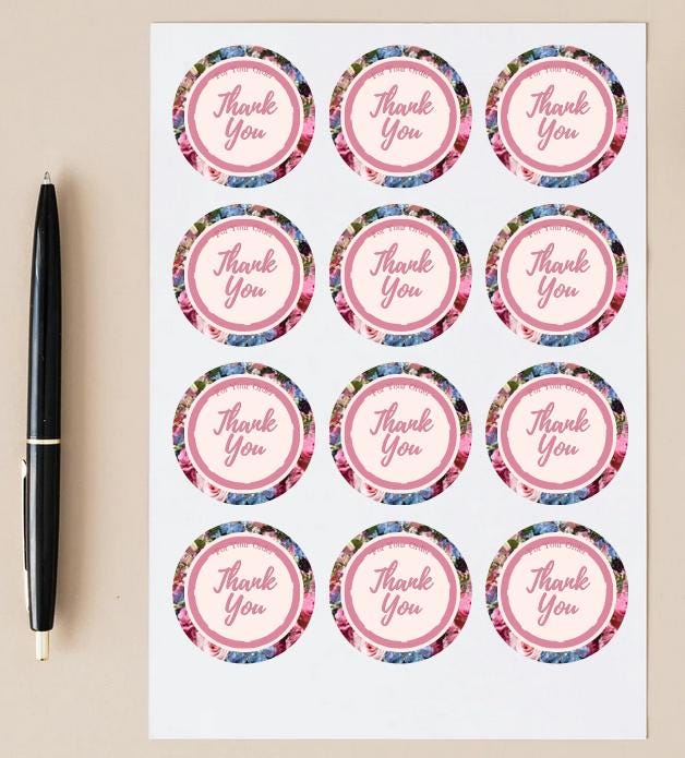 Small Business Thank You Stickers | 57 Pink Floral Peel and Stick Labels | 1.75in