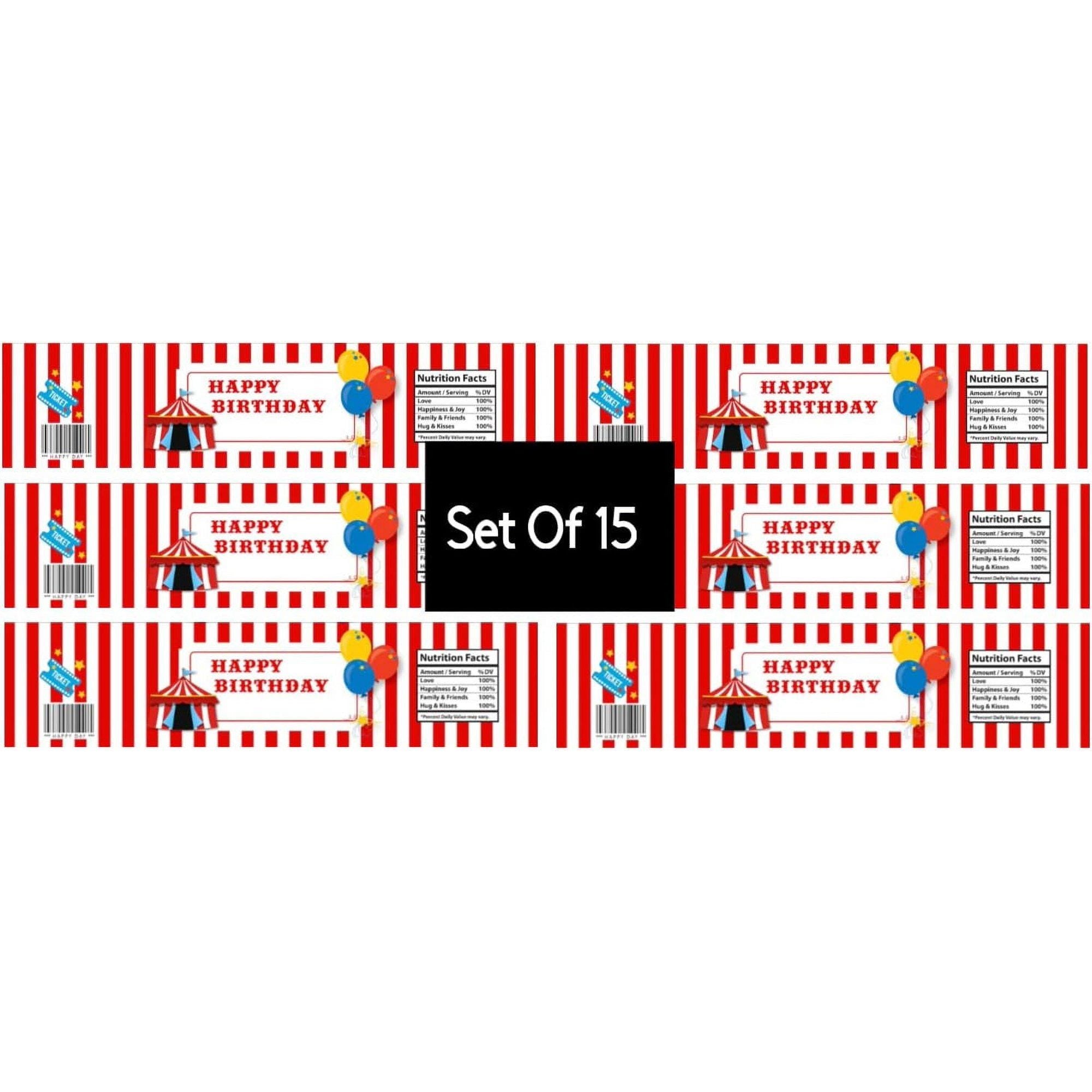 Circus Birthday Water Bottle Labels, Red and White Striped, Set of 15