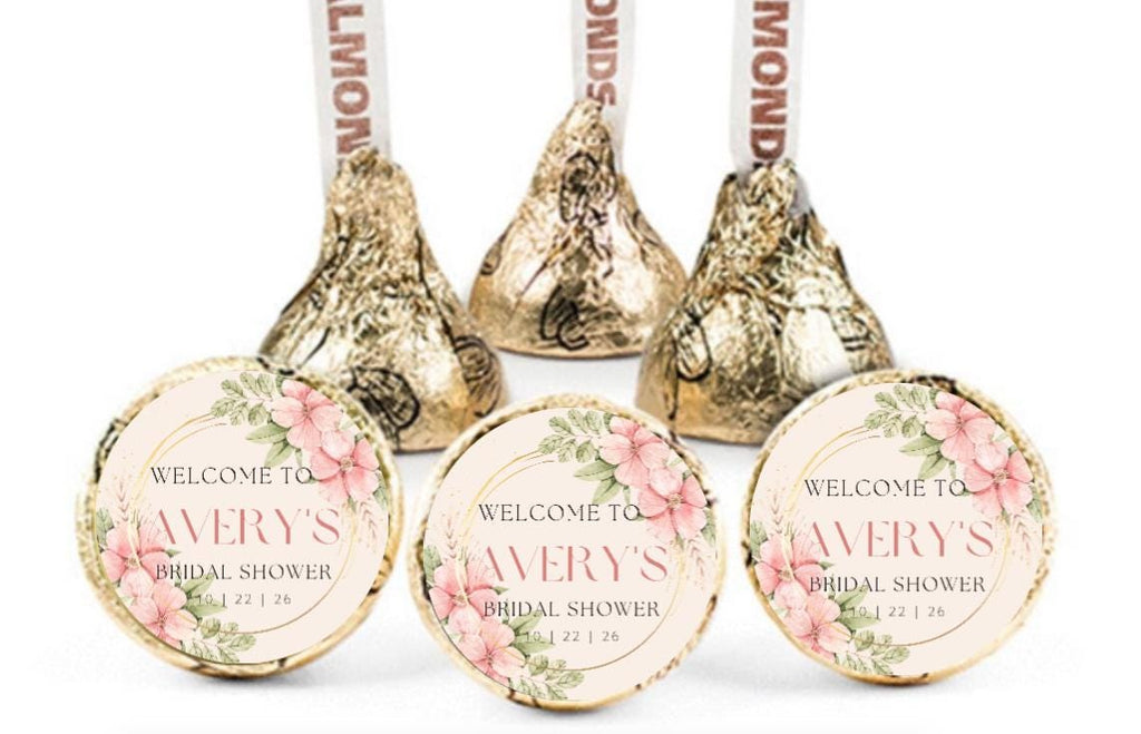 Bridal Shower Chocolate Candy Labels | Custom Floral Chocolate Candy Labels | Personalized Name and Date | 100 Round Stickers