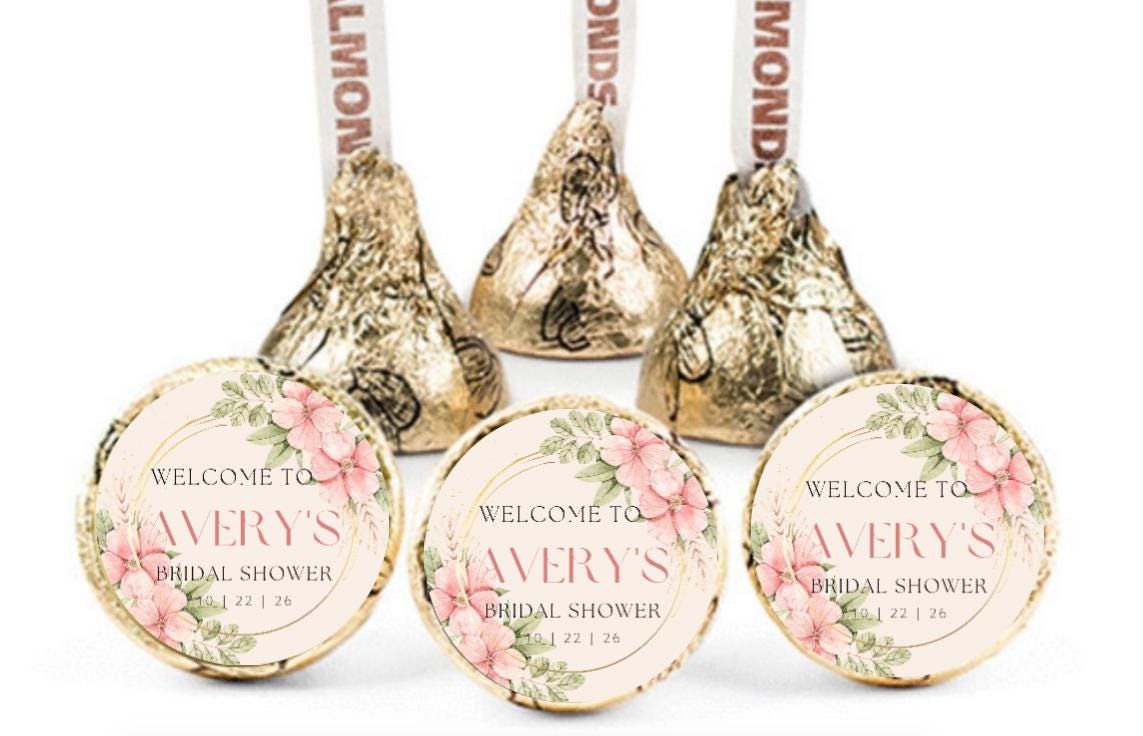 Bridal Shower Chocolate Candy Labels | Custom Floral Chocolate Candy Labels | Personalized Name and Date | 100 Round Stickers