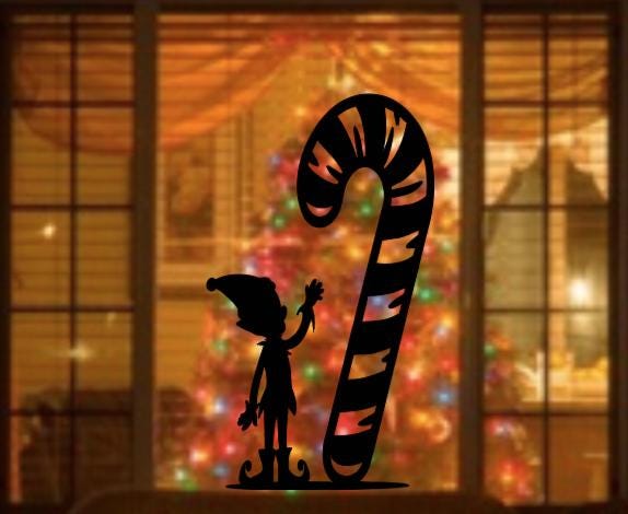 Reusable Elf and Candy Cane Window Decal | Glossy Static Cling| Christmas Window Stickers