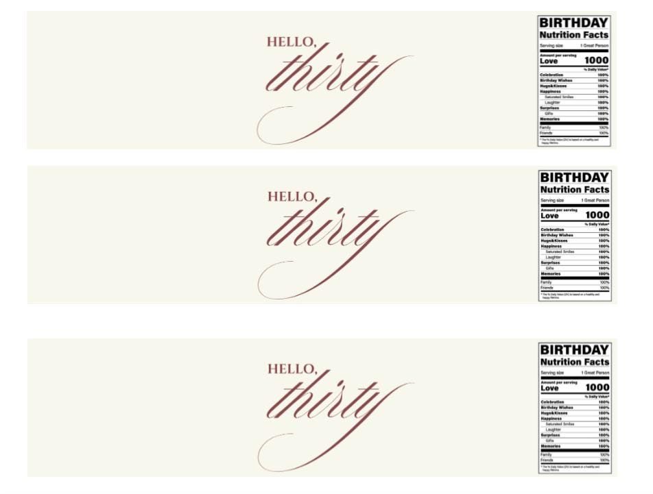 30th Birthday Water Bottle Labels |Milestone Favors| 12CT| Waterproof| Glossy