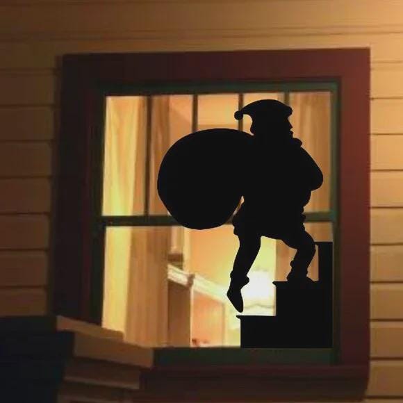 Santa Climbing Stairs with Gift Bag Window Decal | Reusable Christmas Silhouette