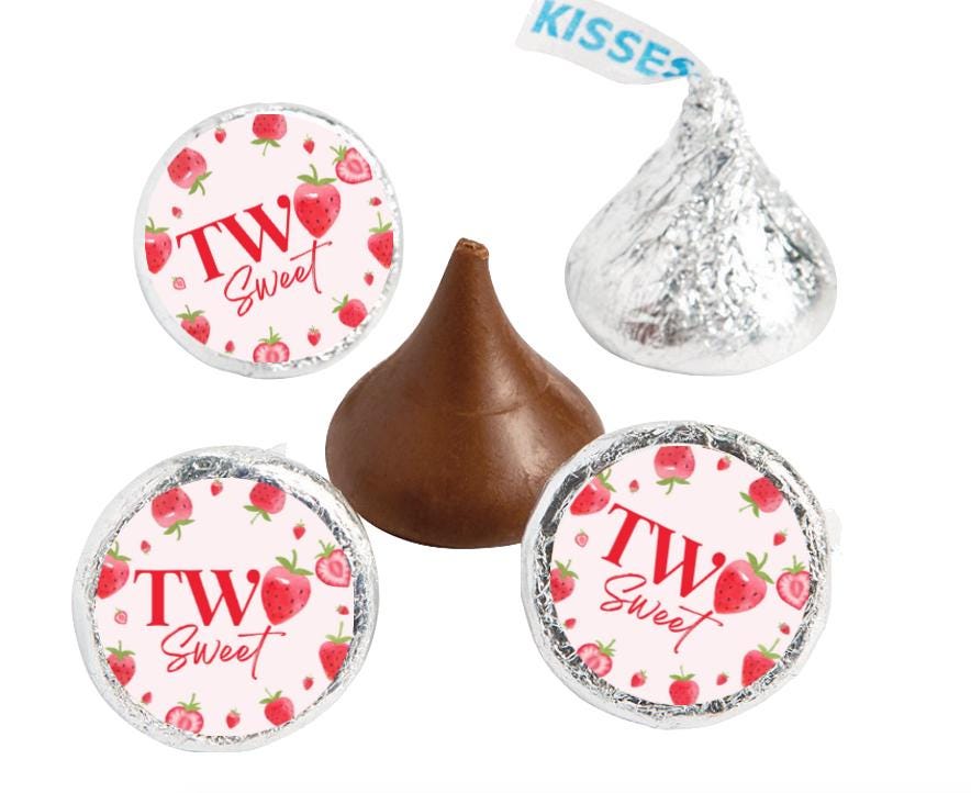 Two Sweet Strawberry Kisses Candy Stickers |100ct| 2nd Birthday|Glossy|0.75