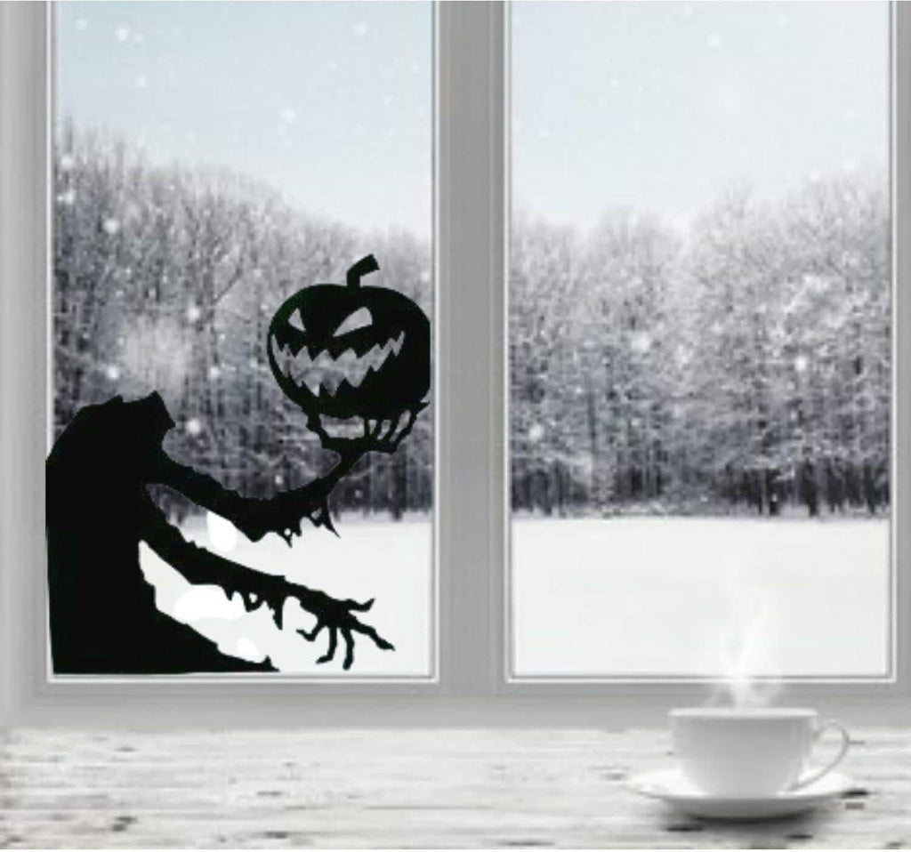 Halloween Window Decal, Spooky Zombie with Pumpkin Design, 23H x 11.5W inches