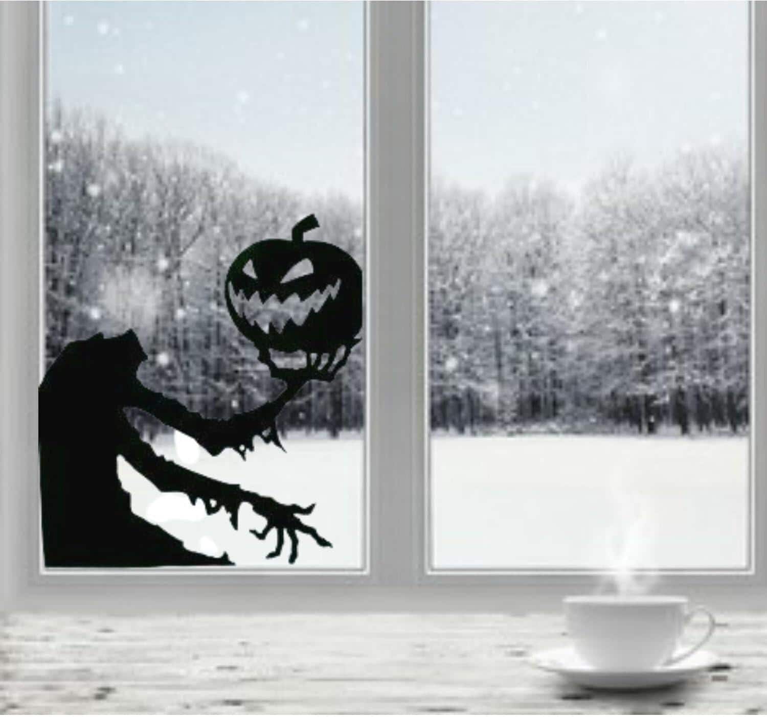 Halloween Window Decal, Spooky Zombie with Pumpkin Design, 23H x 11.5W inches