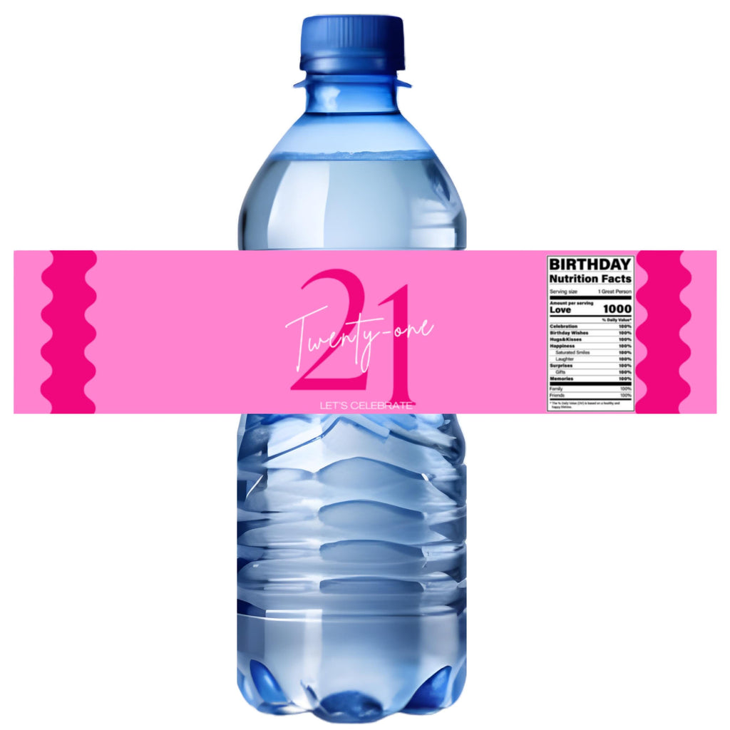 21st Birthday Water Bottle Labels | Pink Party Theme | Twenty One Lets Celebrate | Set of 12| Table Accents