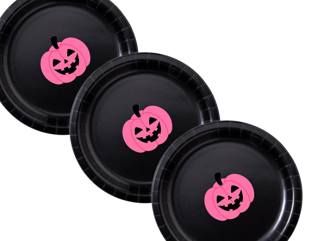 Pink Pumpkin Party Paper Plates Set | Black Halloween Tableware | 40 Piece Kit