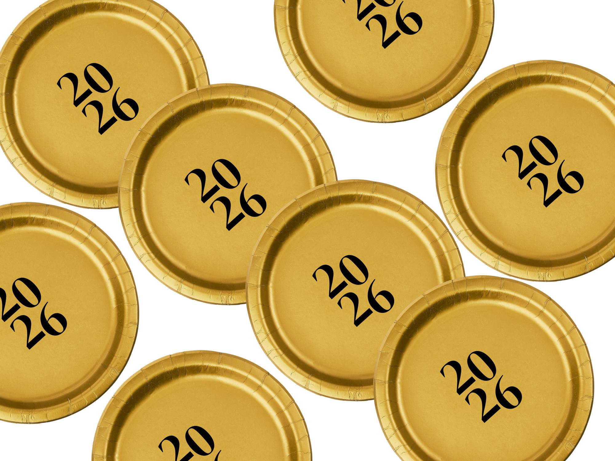 Gold 2026 Celebration Plates | Party Paper Tableware | Dinner and Dessert