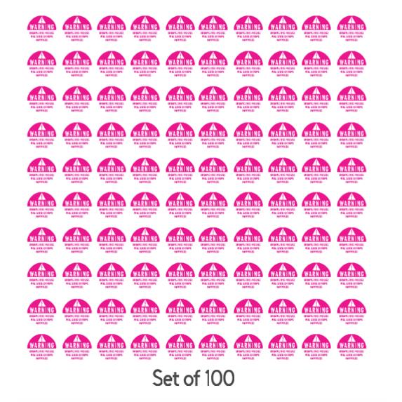 Warning Package Stickers, 2x2 Inches, Pink and White, Set of 100