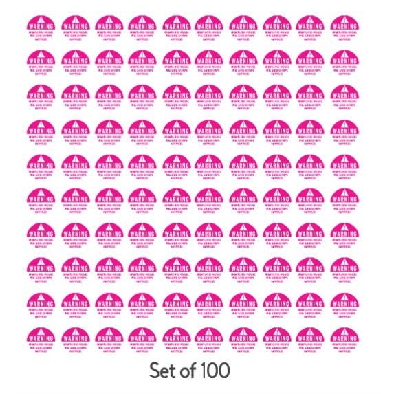 Warning Package Stickers, 2x2 Inches, Pink and White, Set of 100
