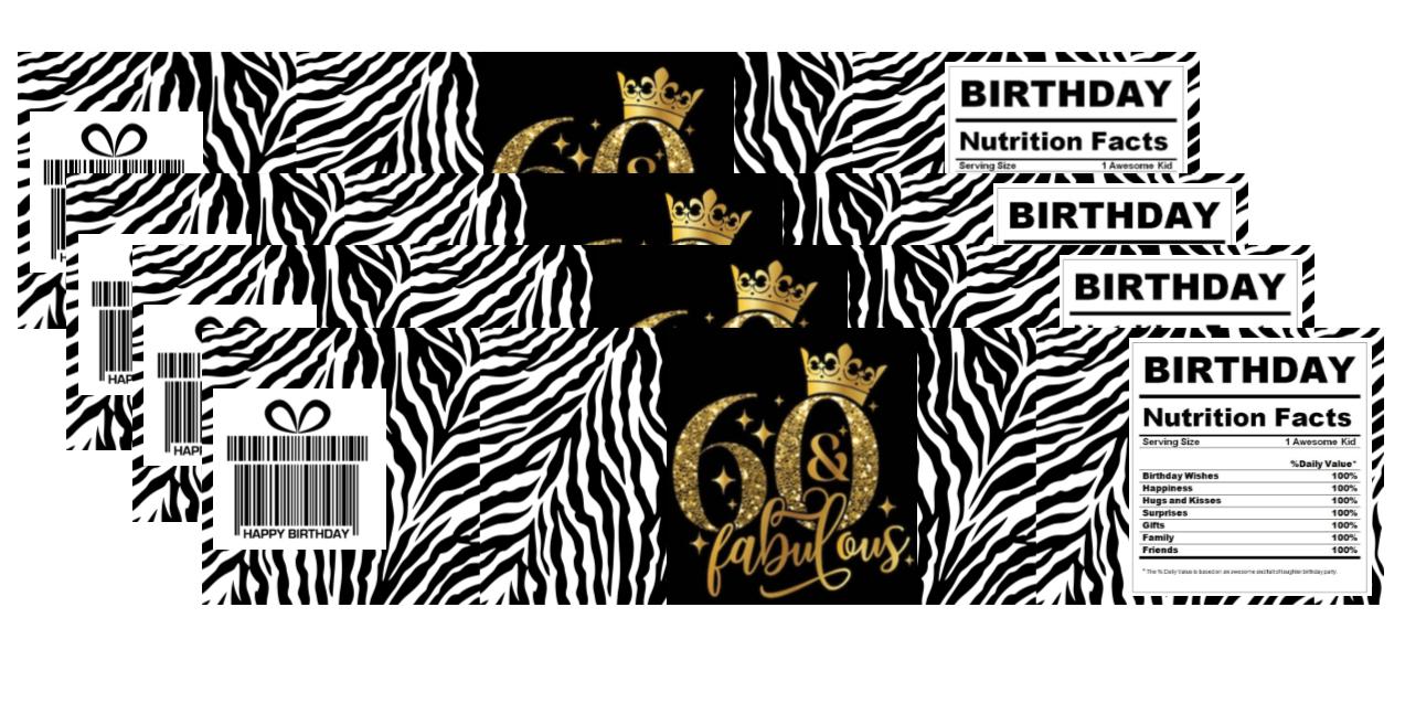 60 & Fabulous Water Bottle Labels- 60th Birthday Party Water Bottle Labels - 12
