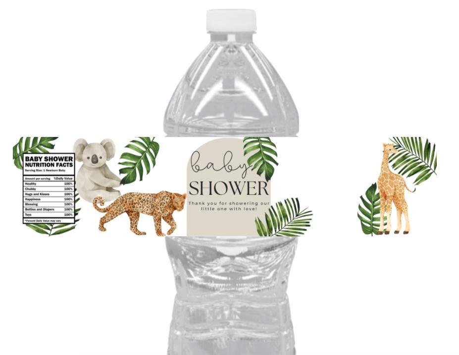 Safari Baby Shower Water Bottle Labels |12ct | Animal Theme | Thank You & Nutrition Facts