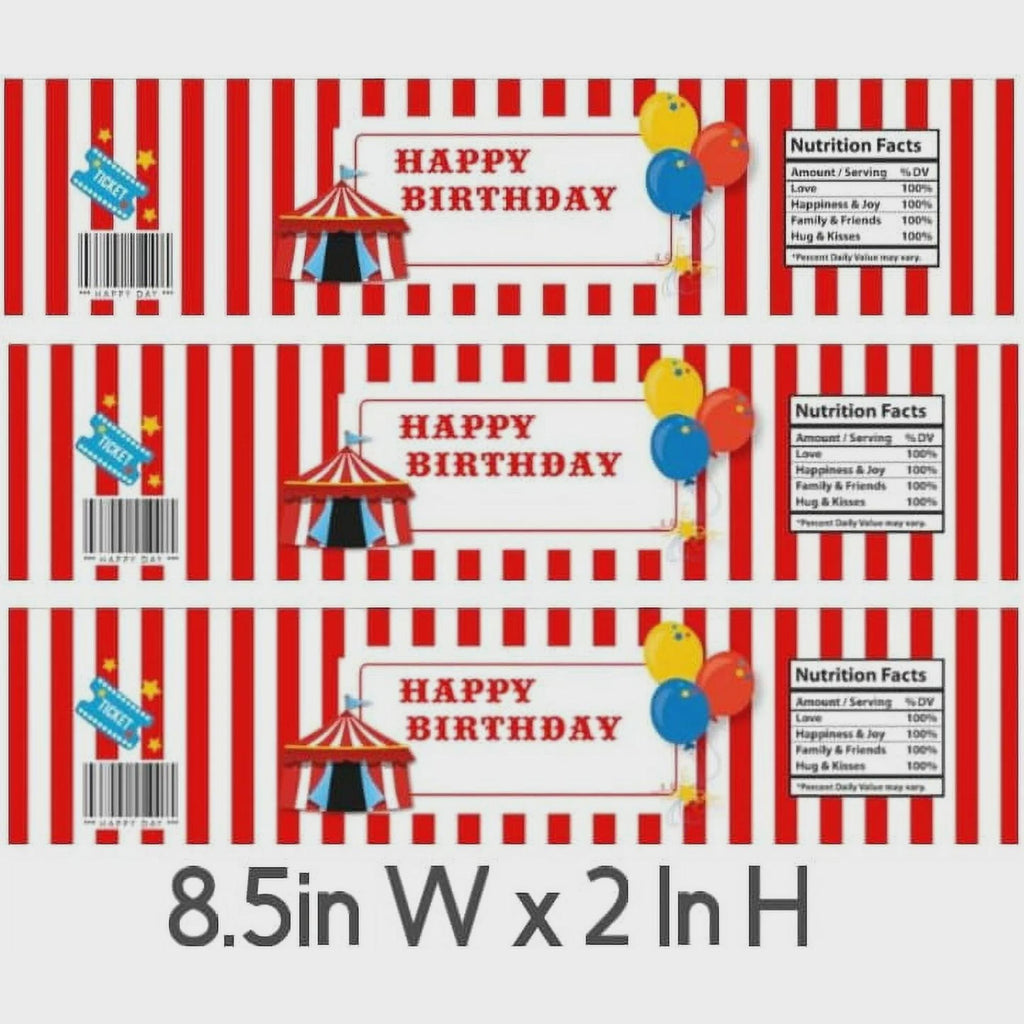 Circus Birthday Water Bottle Labels, Red and White Striped, Set of 15