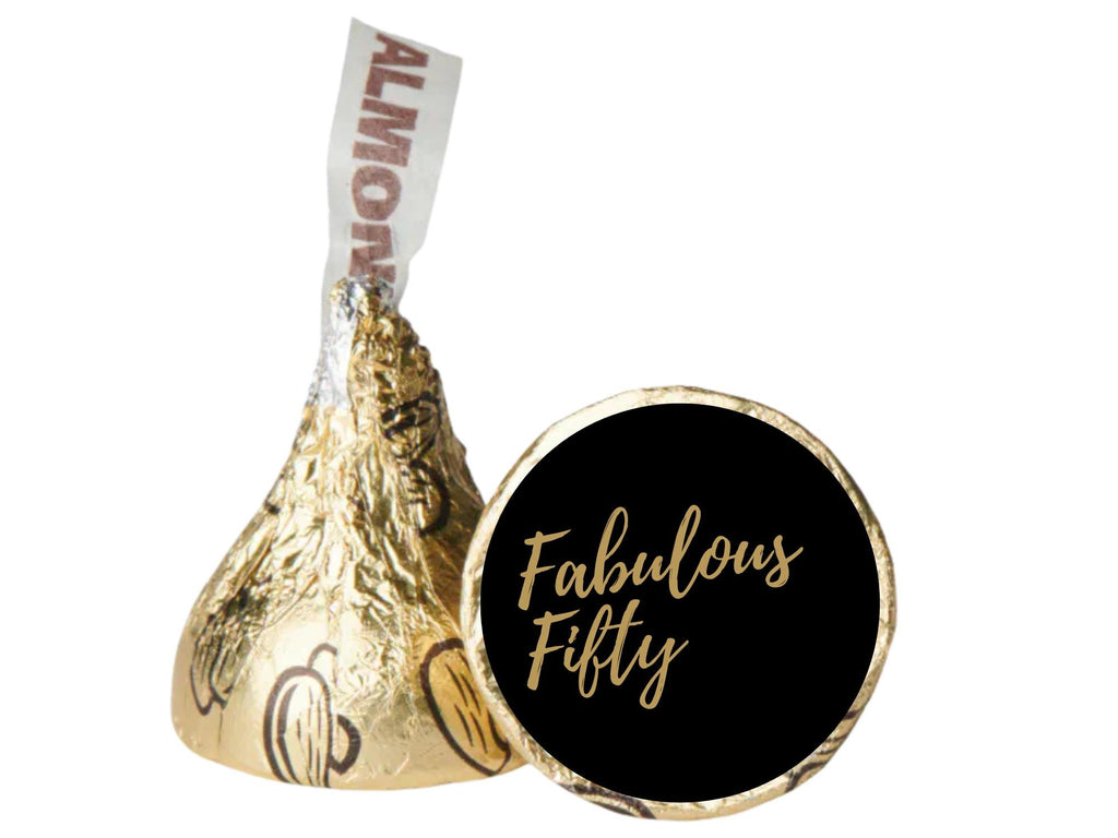 Fabulous Fifty Candy Kiss Stickers | Black Gold 50th Birthday Theme | 100 Pack