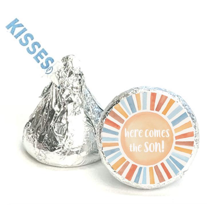 Here Comes the Son Baby Shower Chocolate Candy Labels | 0.75" Round Stickers |Peach Sunburst| 100ct|Gender Reveal Favors
