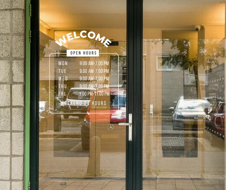 Business Hours Wall Decal | Removable Self Adhesive Vinyl | 11.5in W x 13in H Large Sign | Window & Door Display