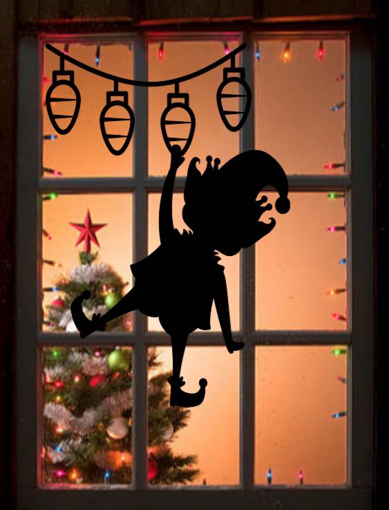 Christmas Elf Hanging Lights Window Cling | Large Silhouette Static Cling Décor