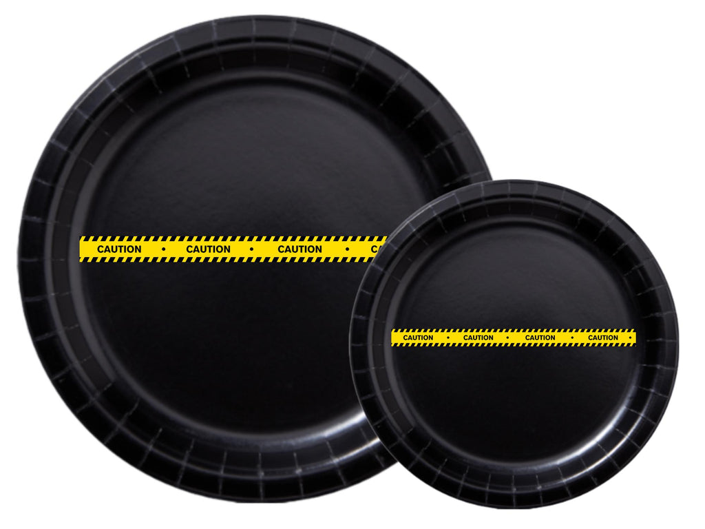 Caution Construction Theme Party Paper Plates Set | Black Tableware | 40 Piece Kit