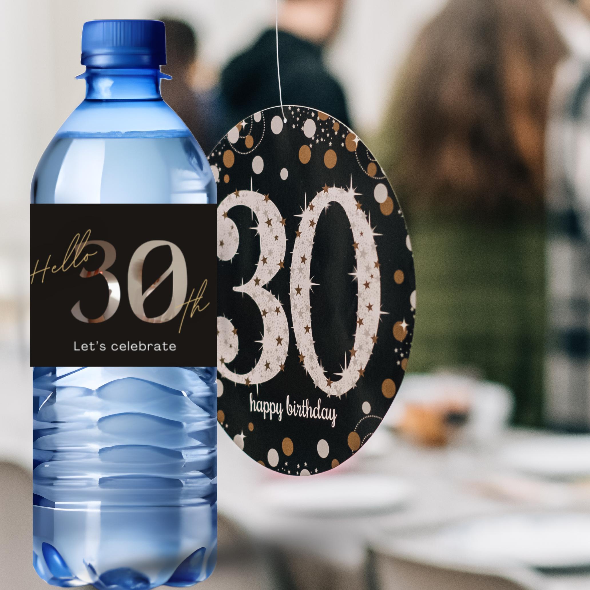 30th Birthday Water Bottle Labels | Hello 30th Lets Celebrate | Party Table Bottle Wraps | Glossy