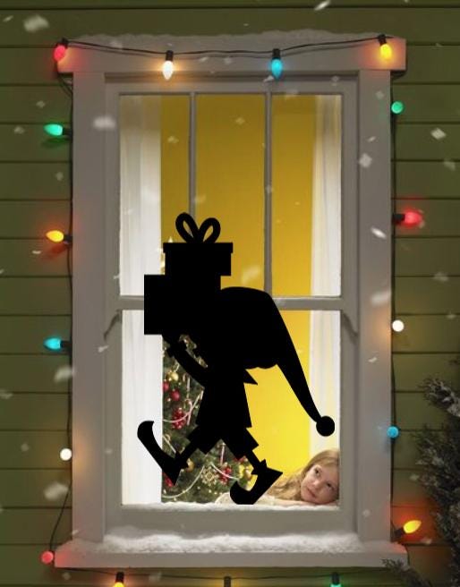 Elf Carrying Present Window Cling | Christmas Silhouette Decal | Reusable| 17H