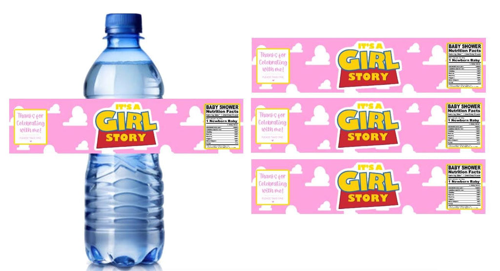 Baby Shower Water Bottle Labels, It's a Girl Story Theme, Pink Cloud Design, 8.5