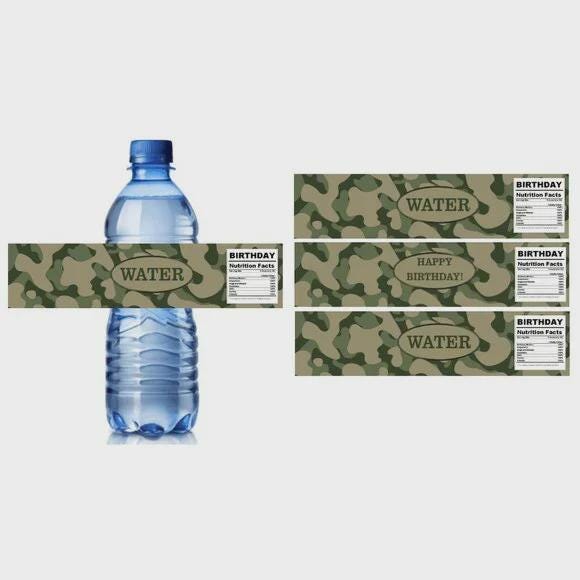 Military Camouflage Water Bottle Labels, Birthday Party Decorations, 8.5x2 in