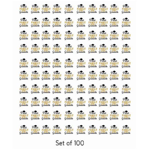 Graduation Party Favors, Proud Family of a Graduate Candy Stickers, Set of 100, White Gold