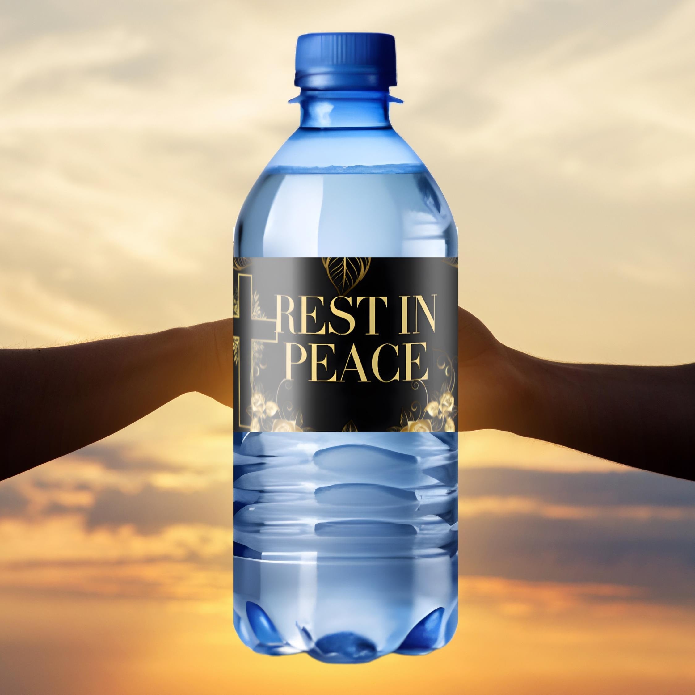 Rest In Peace Water Bottle Labels | Gold Memorial Theme | 12 Self Adhesive Labels |Elegant Memorial Favor