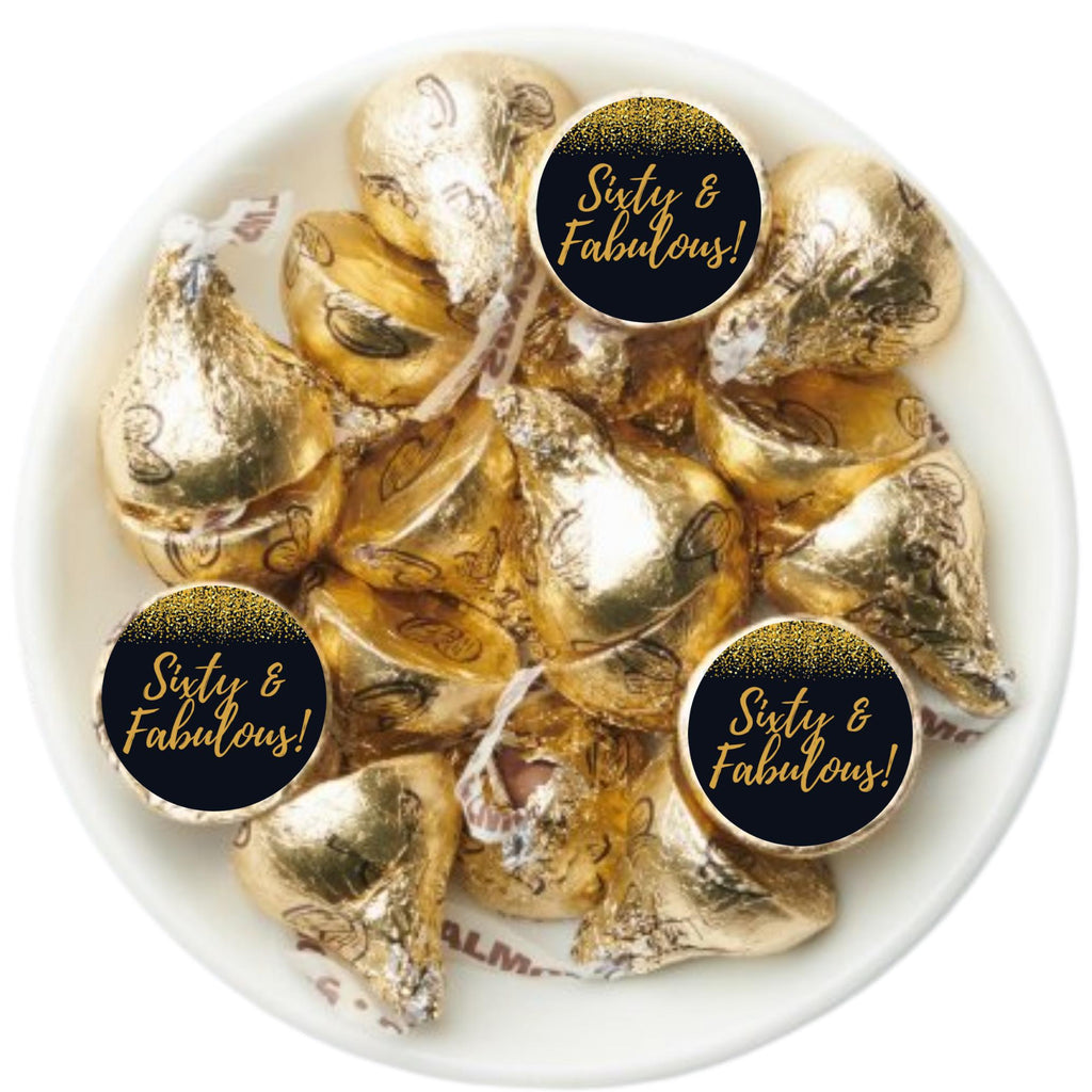 Sixty and Fabulous Birthday Candy Stickers | 100 Glossy Candy Kiss Labels | Peel & Stick Chocolate Decor |