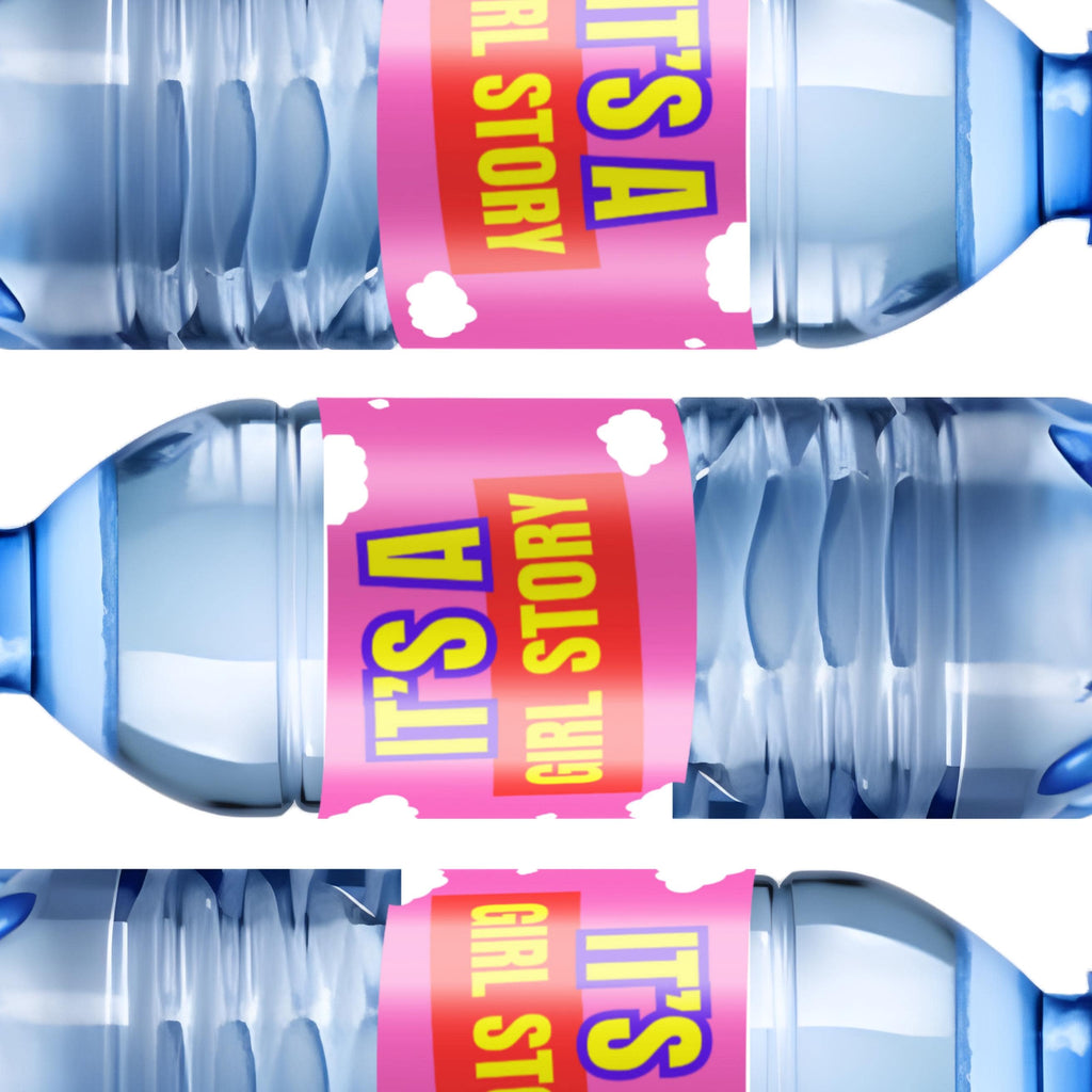 Its A Girl Story Water Bottle Labels | Pink Cloud Party Decor | Set of 12 Bottle Wraps