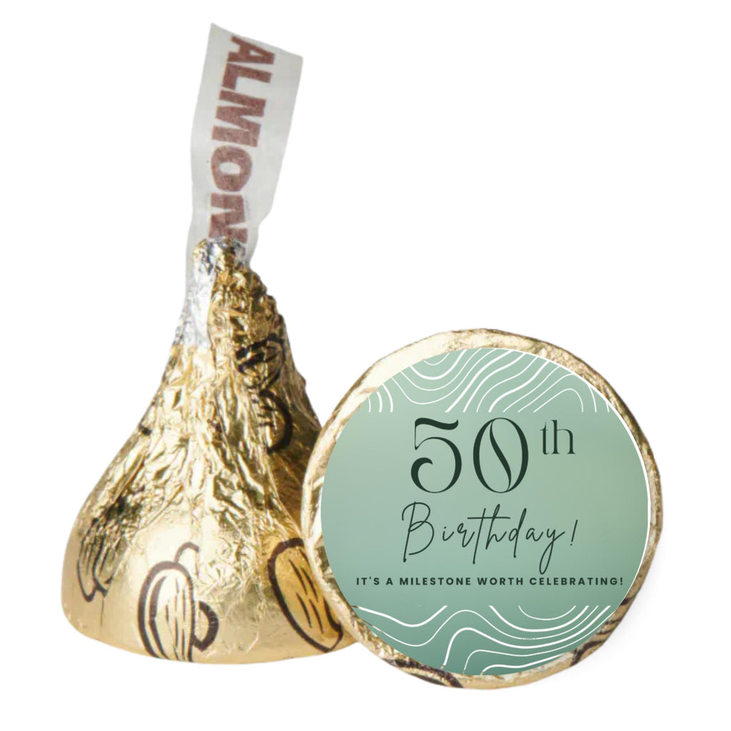 50th Birthday Stickers | 100 Chocolate Candy Kiss Labels | Glossy 0.75in Peel & Stick | Milestone Birthday Party Decorations