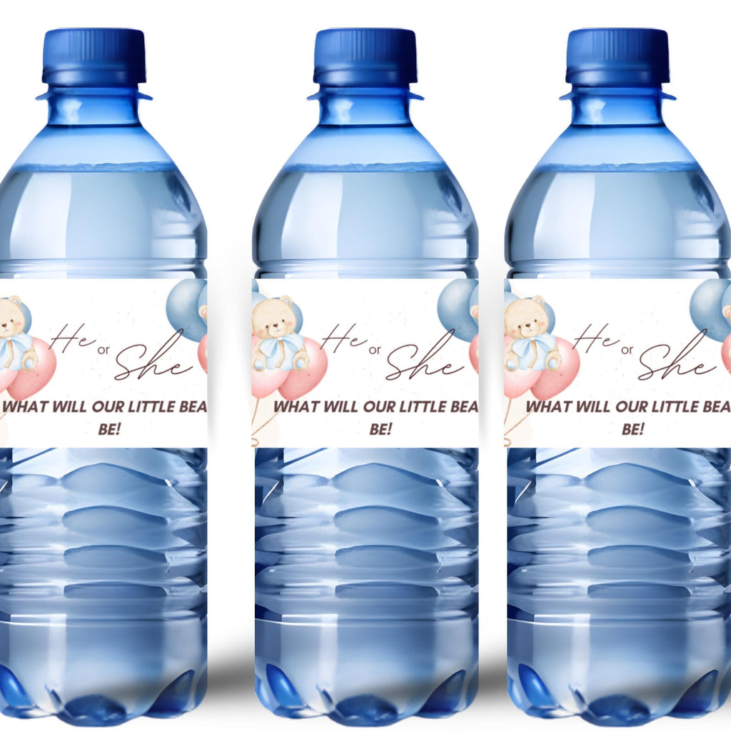 Teddy Bear Gender Reveal Water Bottle Labels | He or She What Will Our Little Bear Be | Baby Shower Party Decor | Glossy
