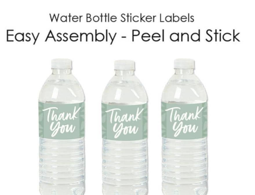 Thank You Water Bottle Labels | Green Floral Design | 12 Count | Event Decorations