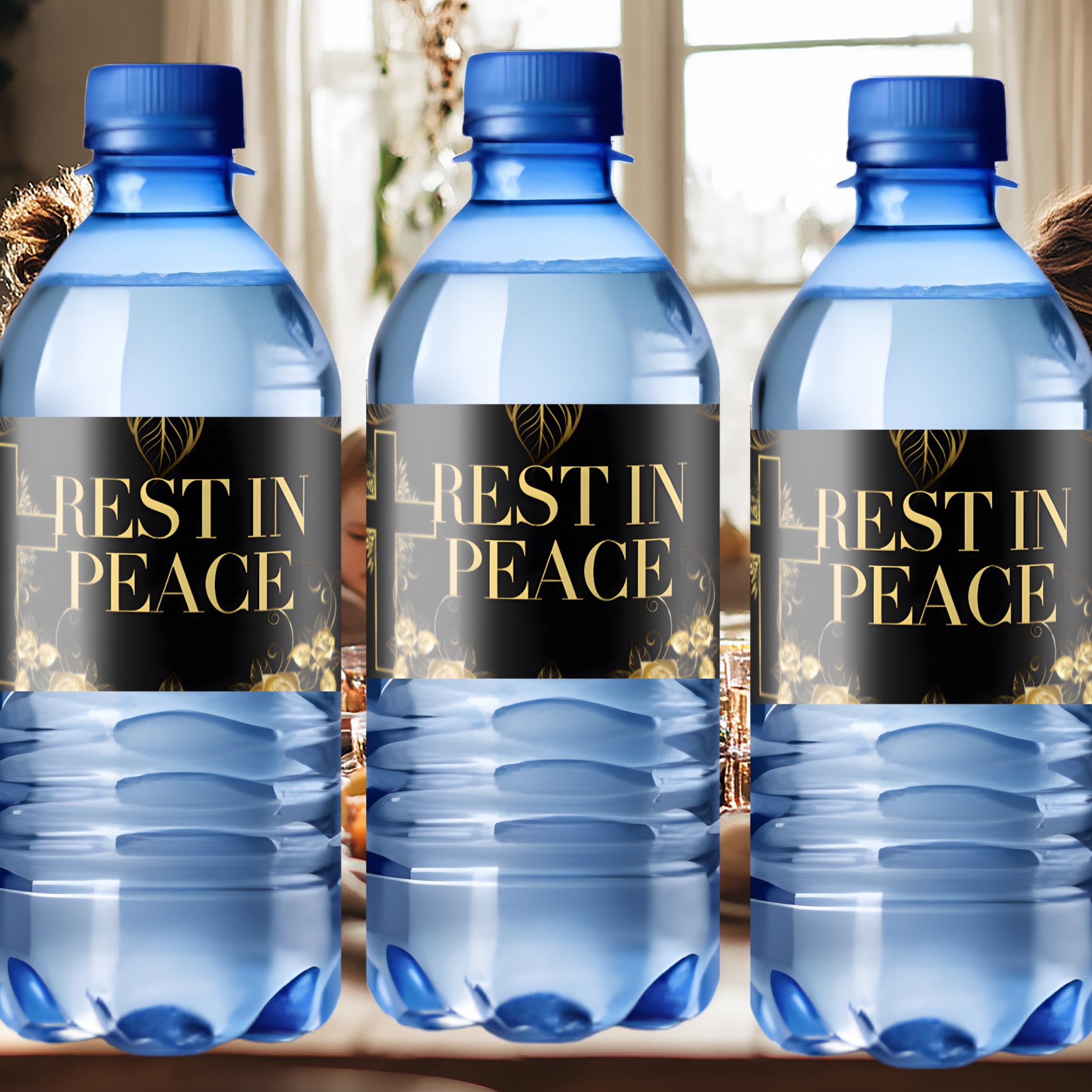 Rest In Peace Water Bottle Labels | Gold Memorial Theme | 12 Self Adhesive Labels |Elegant Memorial Favor