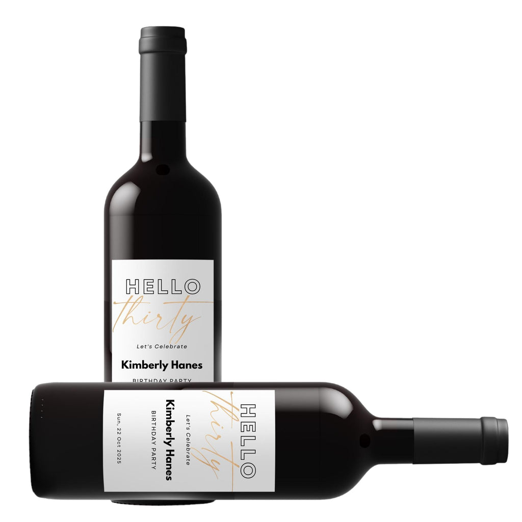 Hello 30 Wine Bottle Labels | 30th Birthday Party Decor | Glossy Self Adhesive | Set of 4