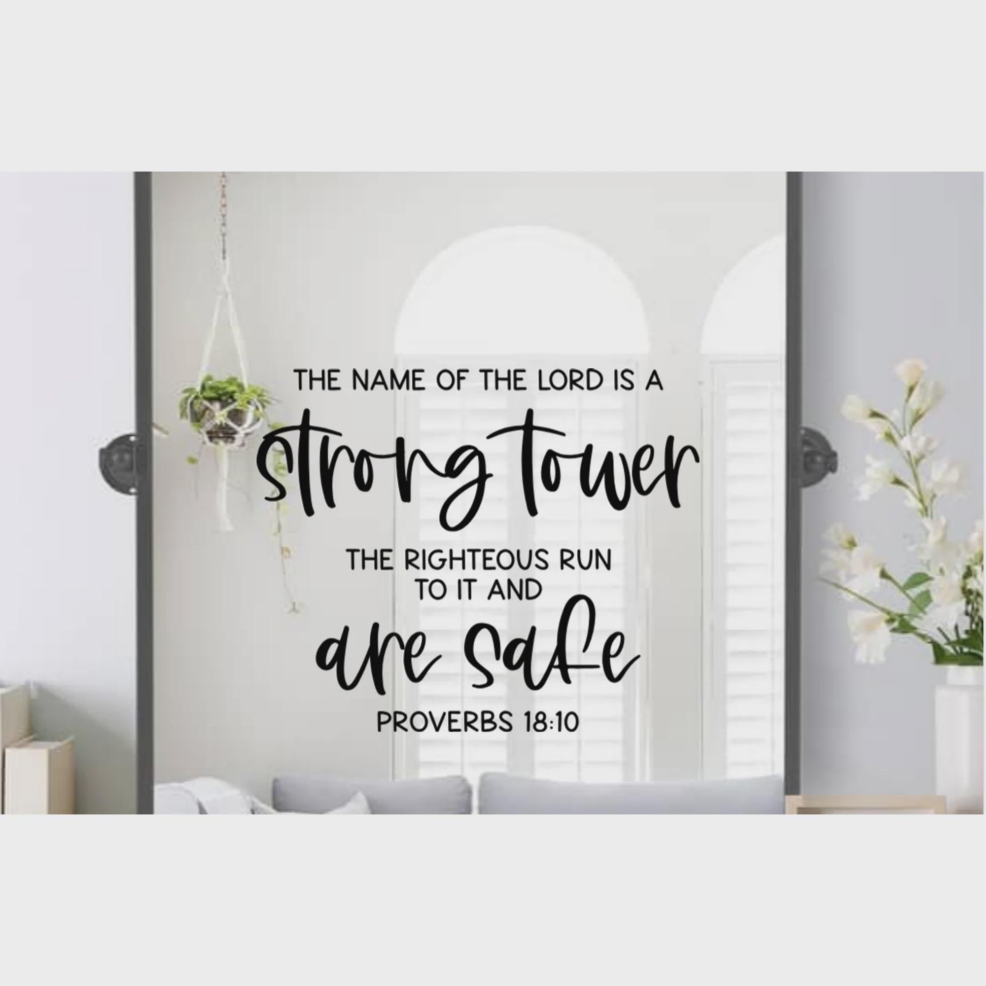Religious Wall Decal, Proverbs 18:10 Scripture Quote, Strong Tower Bible Verse, 14x11.5 inches