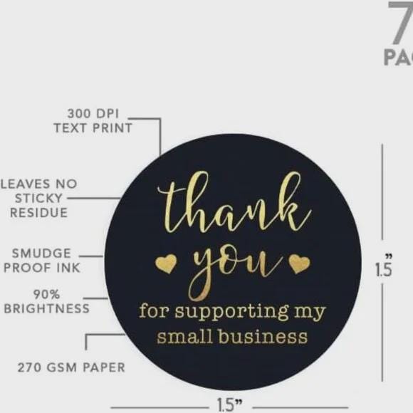 Thank You for Supporting Small Business Stickers, 1.5 inch, Black and Gold, 75 Pcs