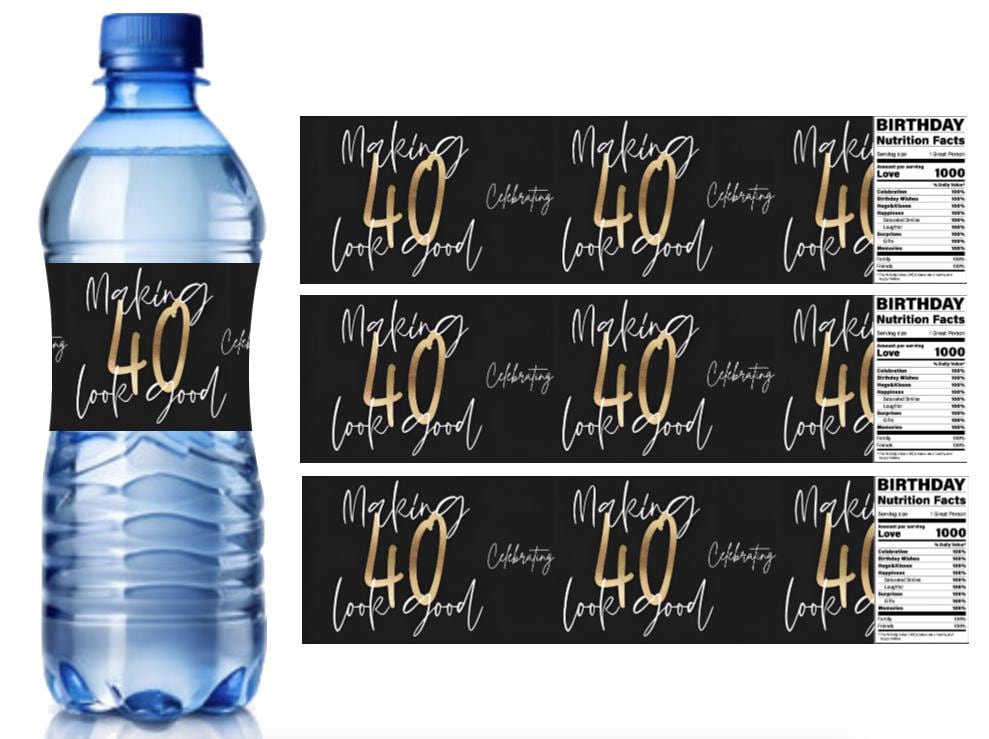 Celebrating Making 40 Look Good | 40th Birthday Water Bottle Labels | Glossy Vinyl | Set of 12 | Party Decorations