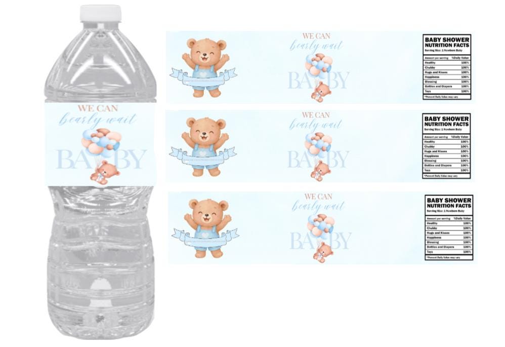 We Can Barely Wait Baby Shower Water Bottle Labels | Cute Teddy Bear Design | 12pcs|Glossy