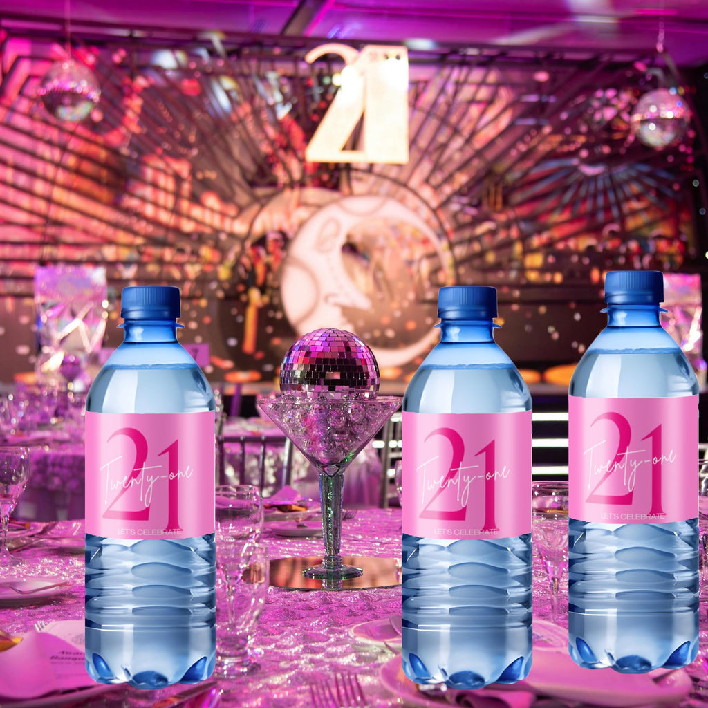 21st Birthday Water Bottle Labels | Pink Party Theme | Twenty One Lets Celebrate | Set of 12| Table Accents
