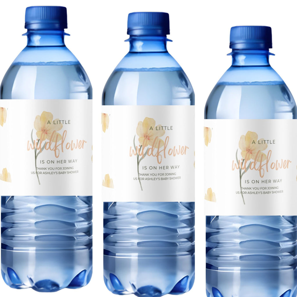 Wildflower Baby Shower Water Bottle Labels | Our Little Wildflower Is On The Way | Set of 12| Glossy