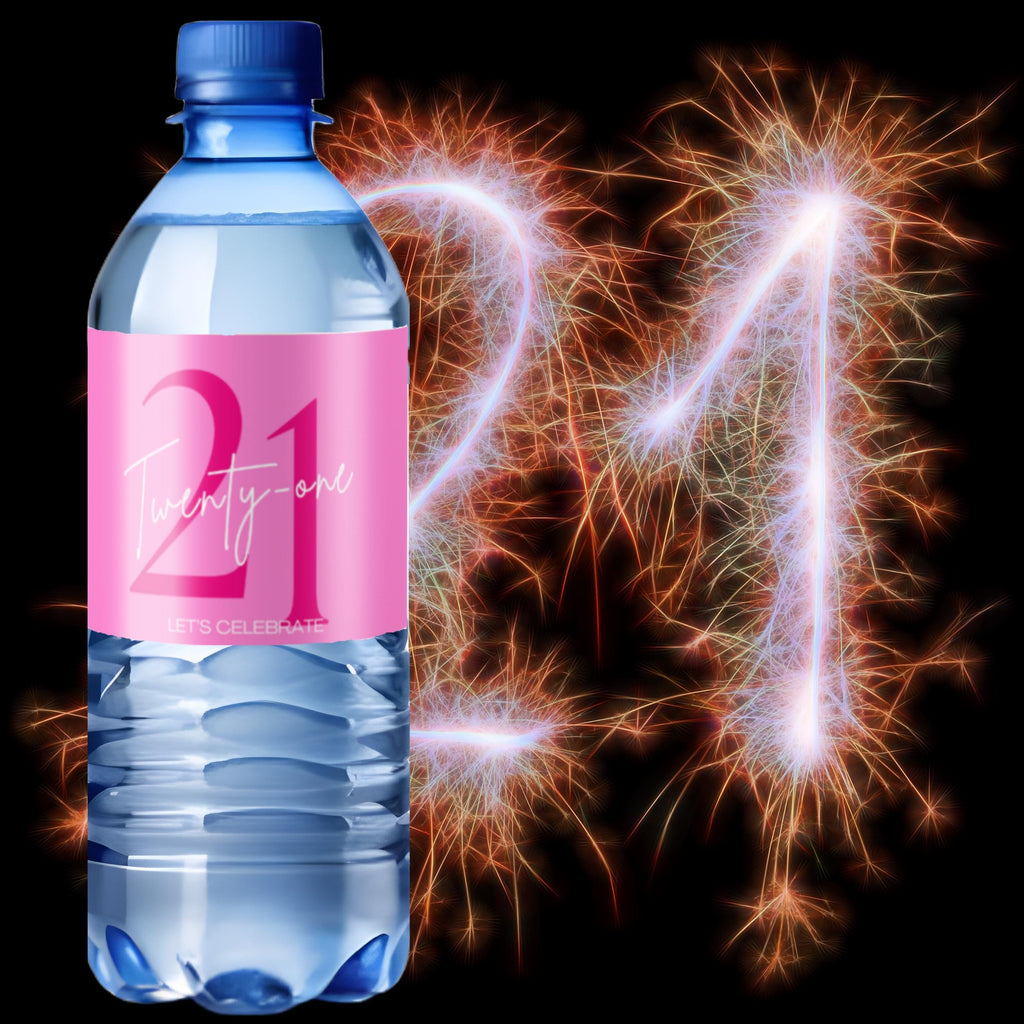 21st Birthday Water Bottle Labels | Pink Party Theme | Twenty One Lets Celebrate | Set of 12| Table Accents
