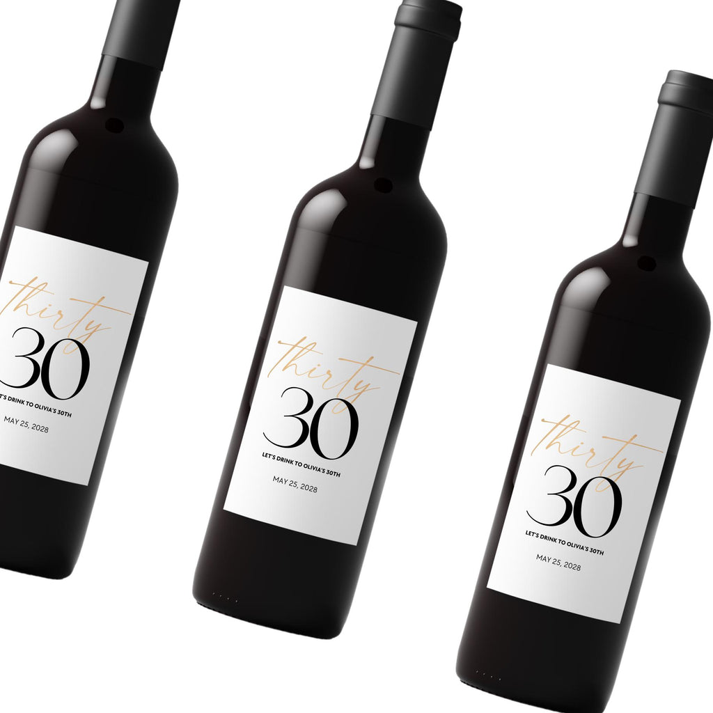 Personalized Name and Date 30th Birthday Wine Bottle Labels | Glossy| Set of 12|