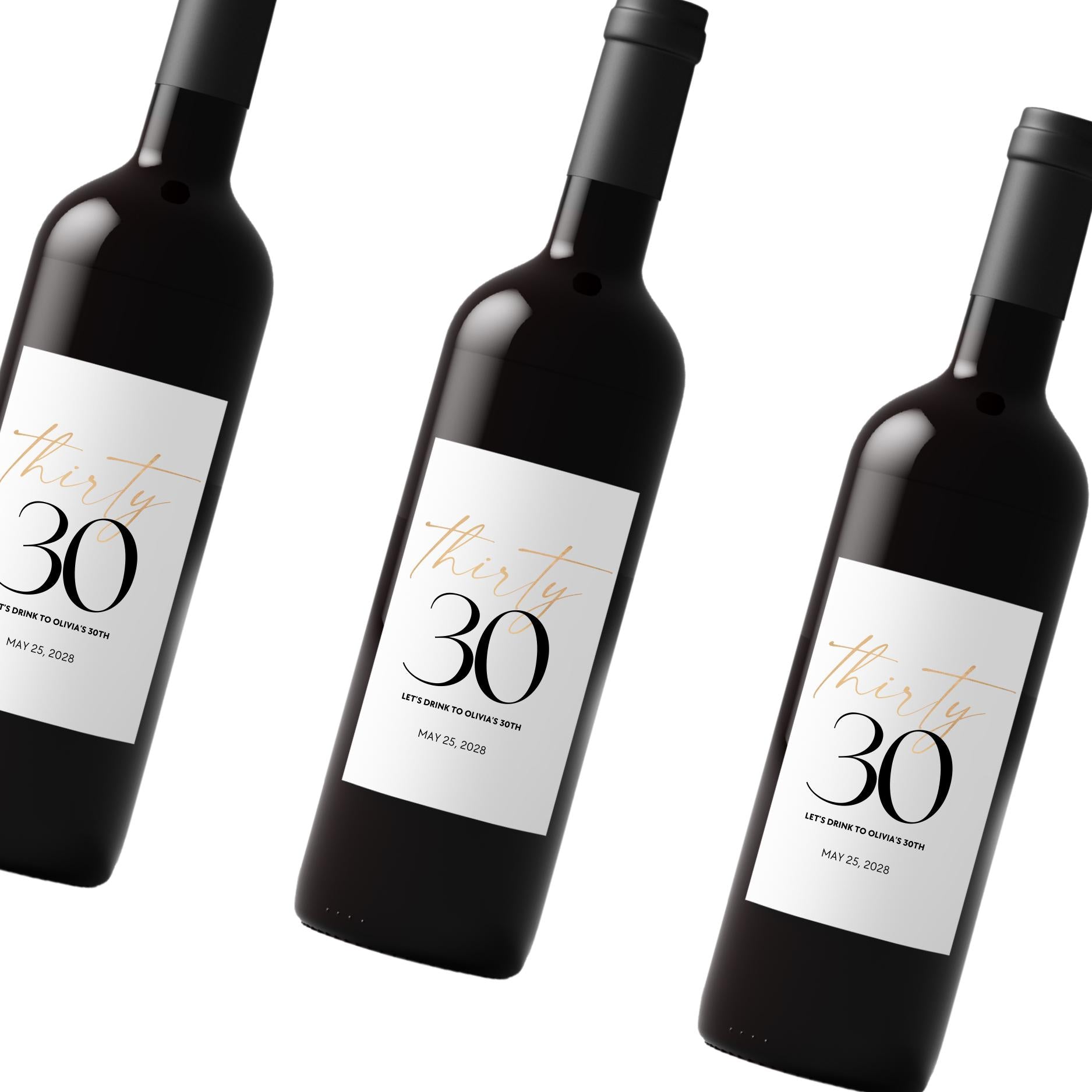 Personalized Name and Date 30th Birthday Wine Bottle Labels | Glossy| Set of 12|