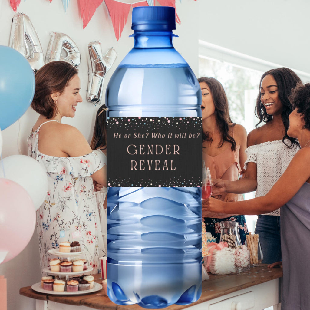 Gender Reveal Water Bottle Labels | He or She Who Will It Be | Baby Shower Party Decor | Glossy