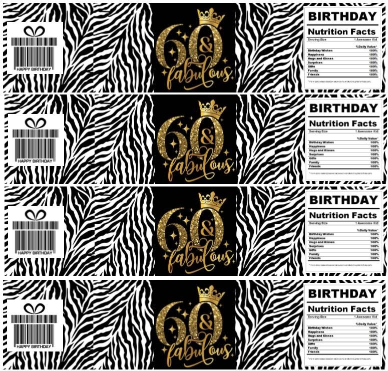 60 & Fabulous Water Bottle Labels- 60th Birthday Party Water Bottle Labels - 12